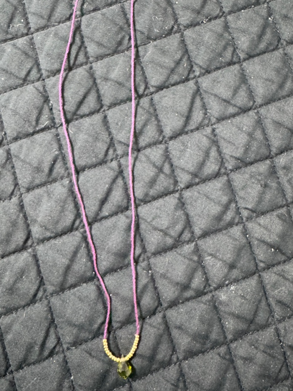 Handmade Pink/Purple Cord Necklace gold beads Green Crystal Pendant choker